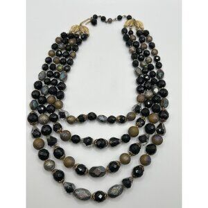 Stunning TRIFARI Black Iridescent Glass 4 Strand Beaded Necklace 15-17”